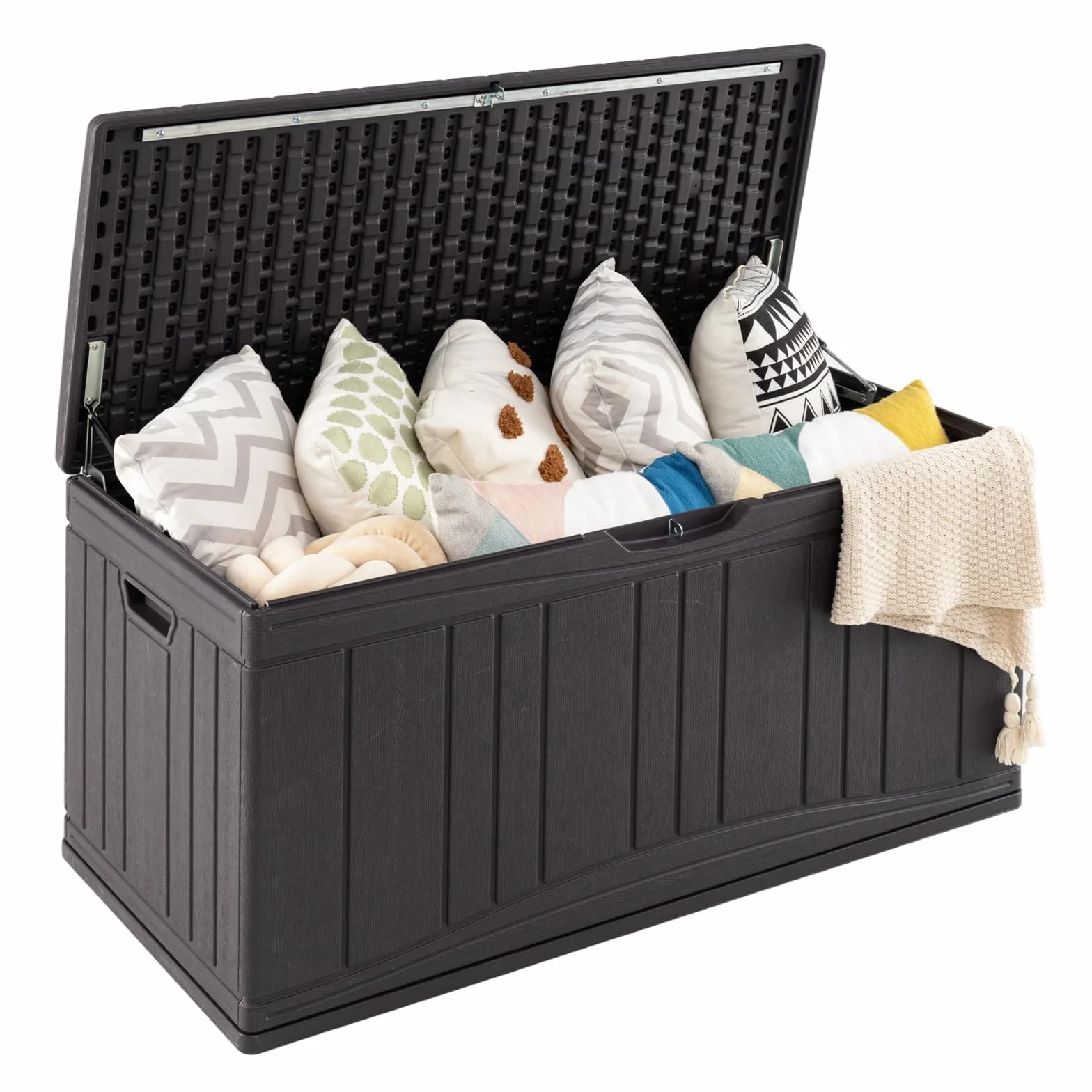 COSTWAY Gartenbox 300L, Auflagenbox mit abschließbarem Deckel & Gasdruckfedern, Aufbewahrungsbox wetterfest, Kissenbox Outdoor für Paketzustellung, Gartengeräte, Kissen & Poolzubehör (Braun)