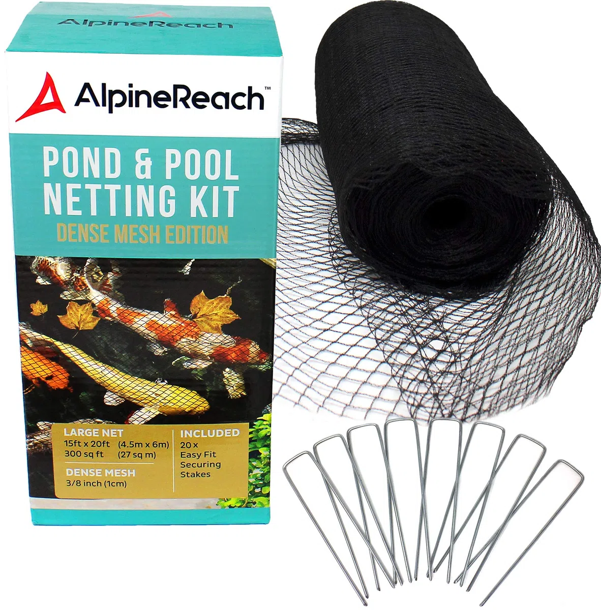 AlpineReach 4,5m x 6m Teichnetz & Erdanker aus Stahl - feinmaschig (10x10mm) Vogelschutznetz Vogelnetz, Netz für Blätter, Schützt Koifische vor Blaureihern, Vögeln UV eständig Schwarz Wiederverwendbar