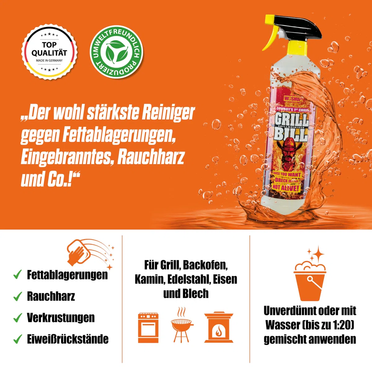 Grill Bill Grillreiniger in Industriequalität 1000 ml für Gasgrill und Holzkohlegrill, Smoker und Backofen - Entfernt Eingebranntes Ruß Schmutz und Fett (2x1 Liter)