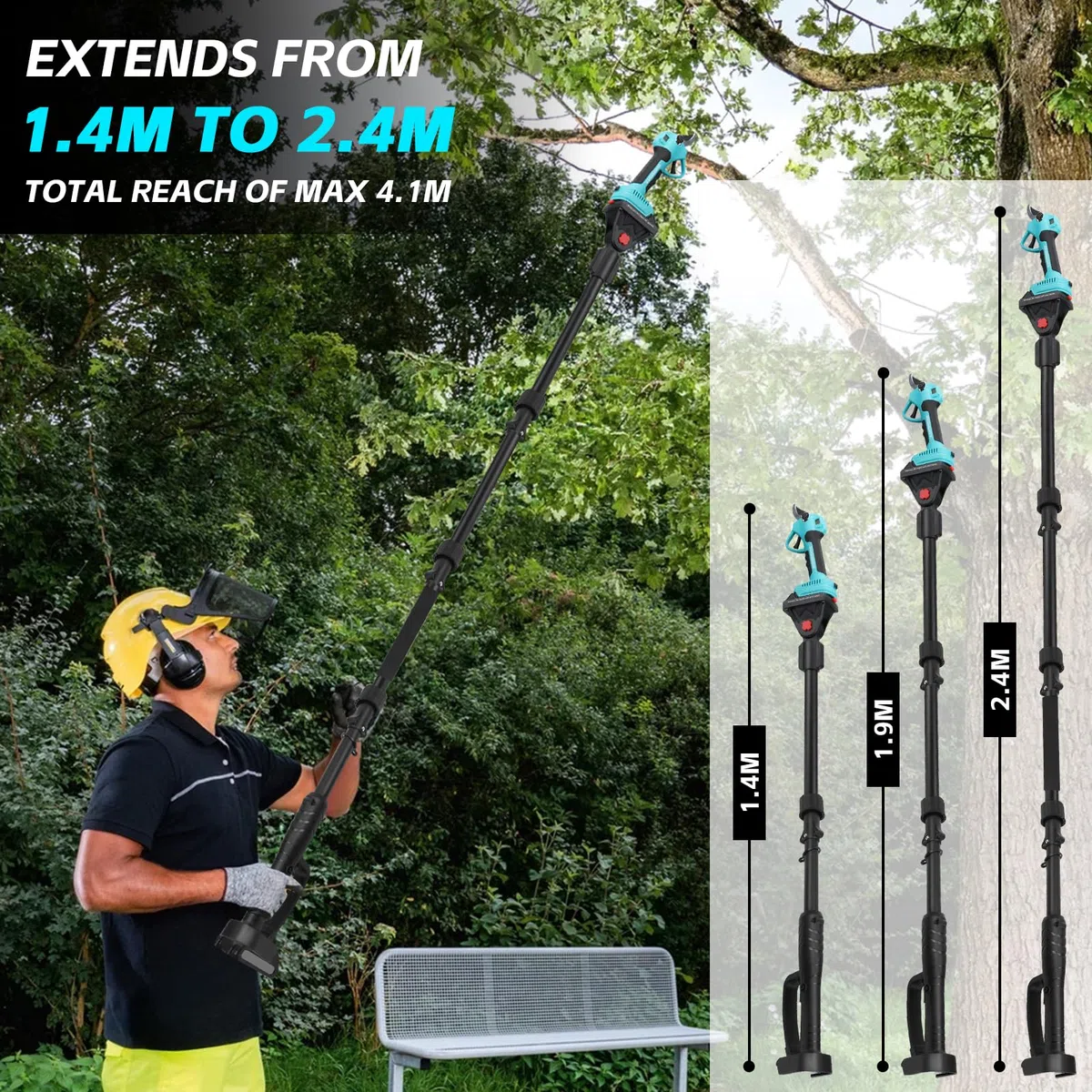 panthem 2 in 1 Akku Astschere Teleskop Elektrische Gartenschere Kompatibel mit Makita 18 V, Maximale Reichweite bis 4.1 m, 43 mm Schnittöffnung, Bürstenlosen Motor mit 2x4000mAh Batterien