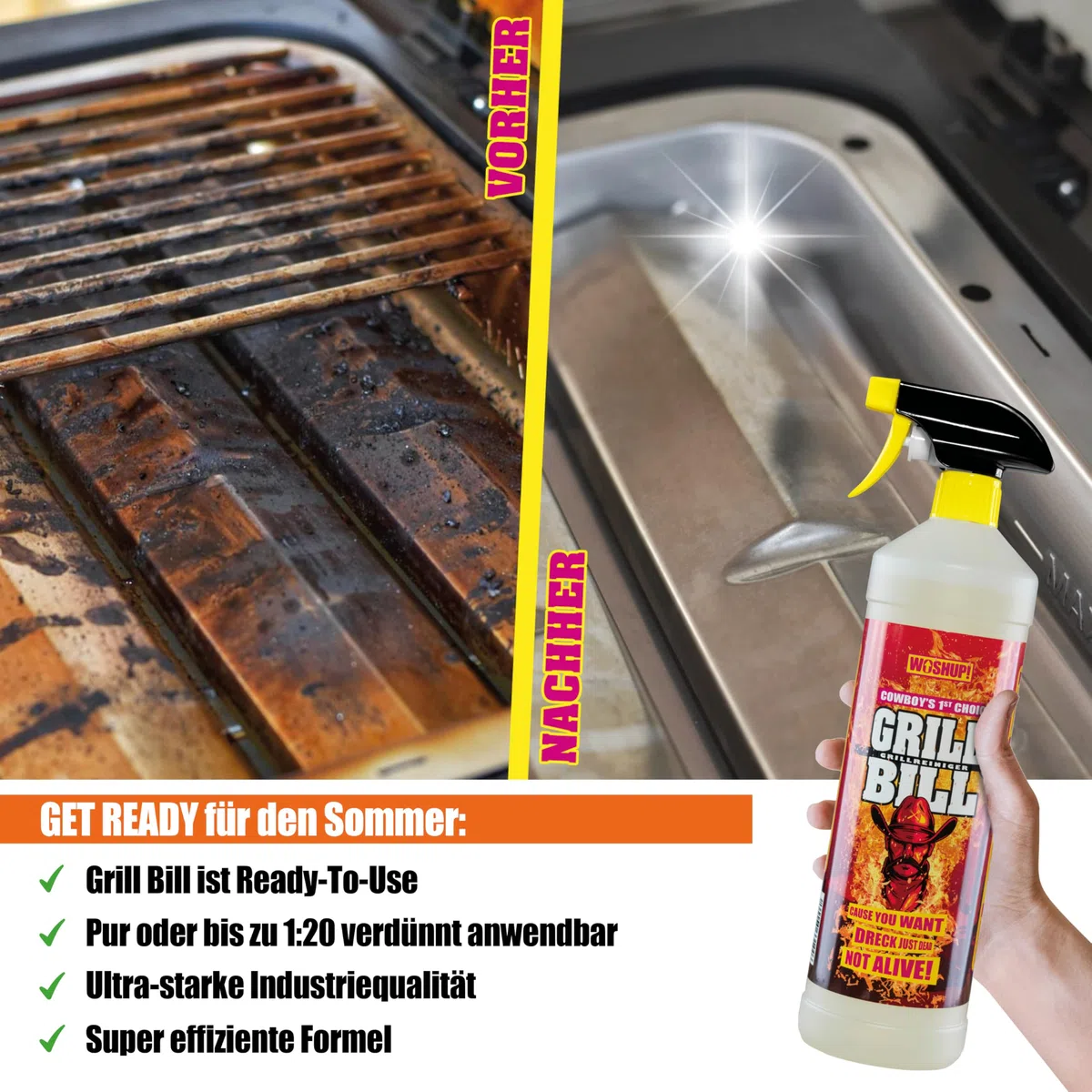 Grill Bill Grillreiniger in Industriequalität 1000 ml für Gasgrill und Holzkohlegrill, Smoker und Backofen - Entfernt Eingebranntes Ruß Schmutz und Fett (2x1 Liter)