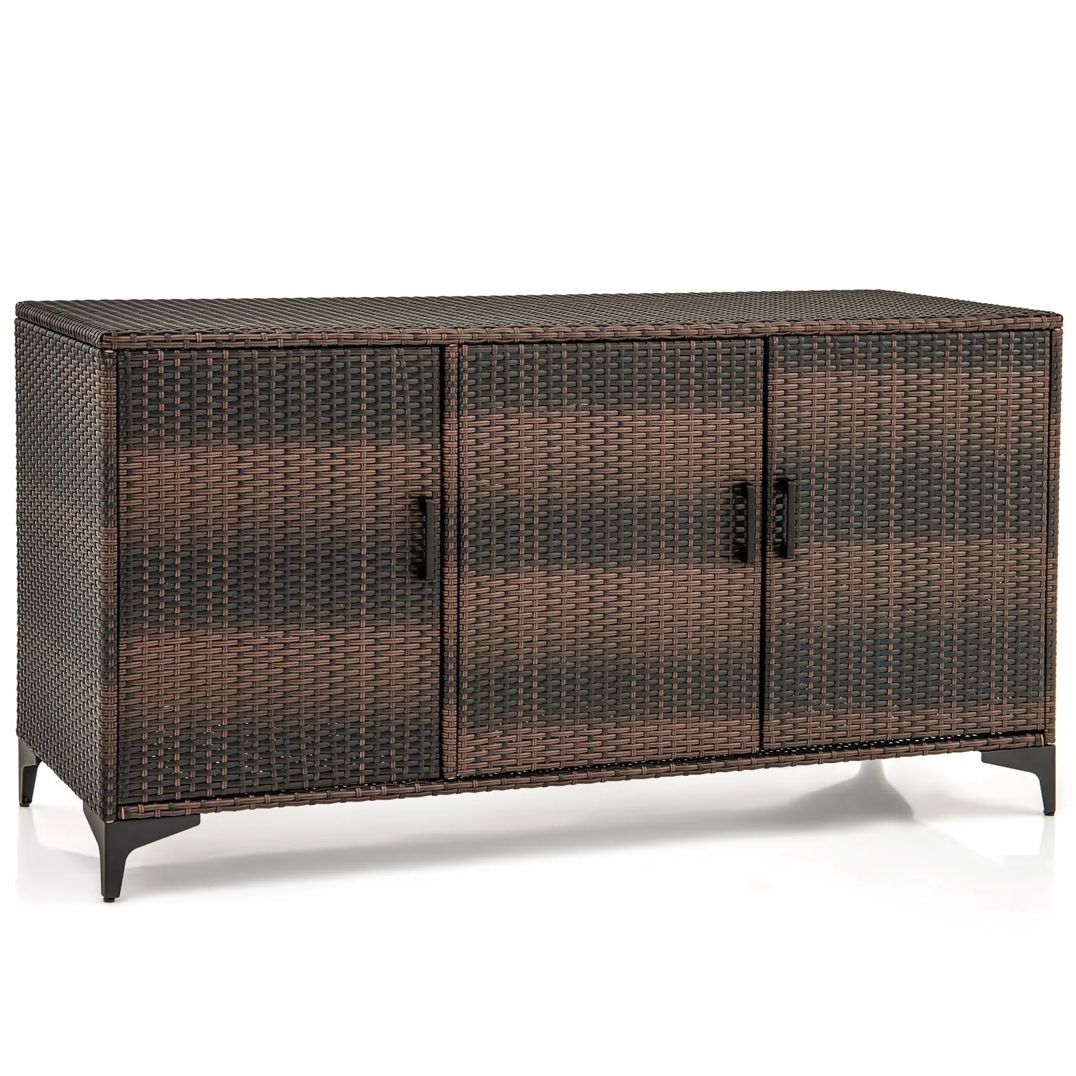 COSTWAY Gartenschrank Rattan, Terrassenschrank mit Türen & abnembaren Regalen, Balkonschrank, Outdoor Aufbewahrungsschrank für Garten, Terrasse, 135 x 50 x 70,5 cm (Braun)
