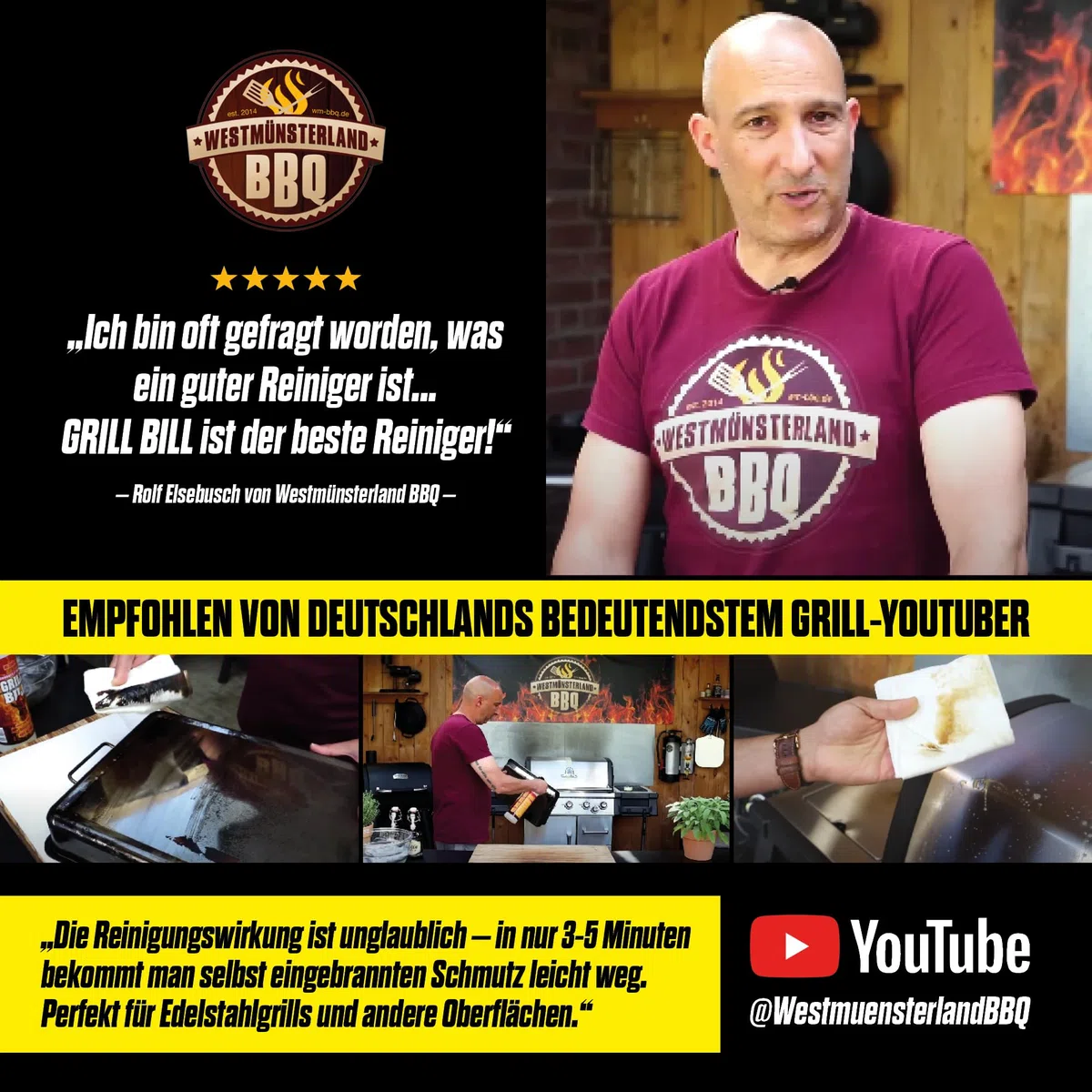 Grill Bill Grillreiniger in Industriequalität 1000 ml für Gasgrill und Holzkohlegrill, Smoker und Backofen - Entfernt Eingebranntes Ruß Schmutz und Fett (2x1 Liter)