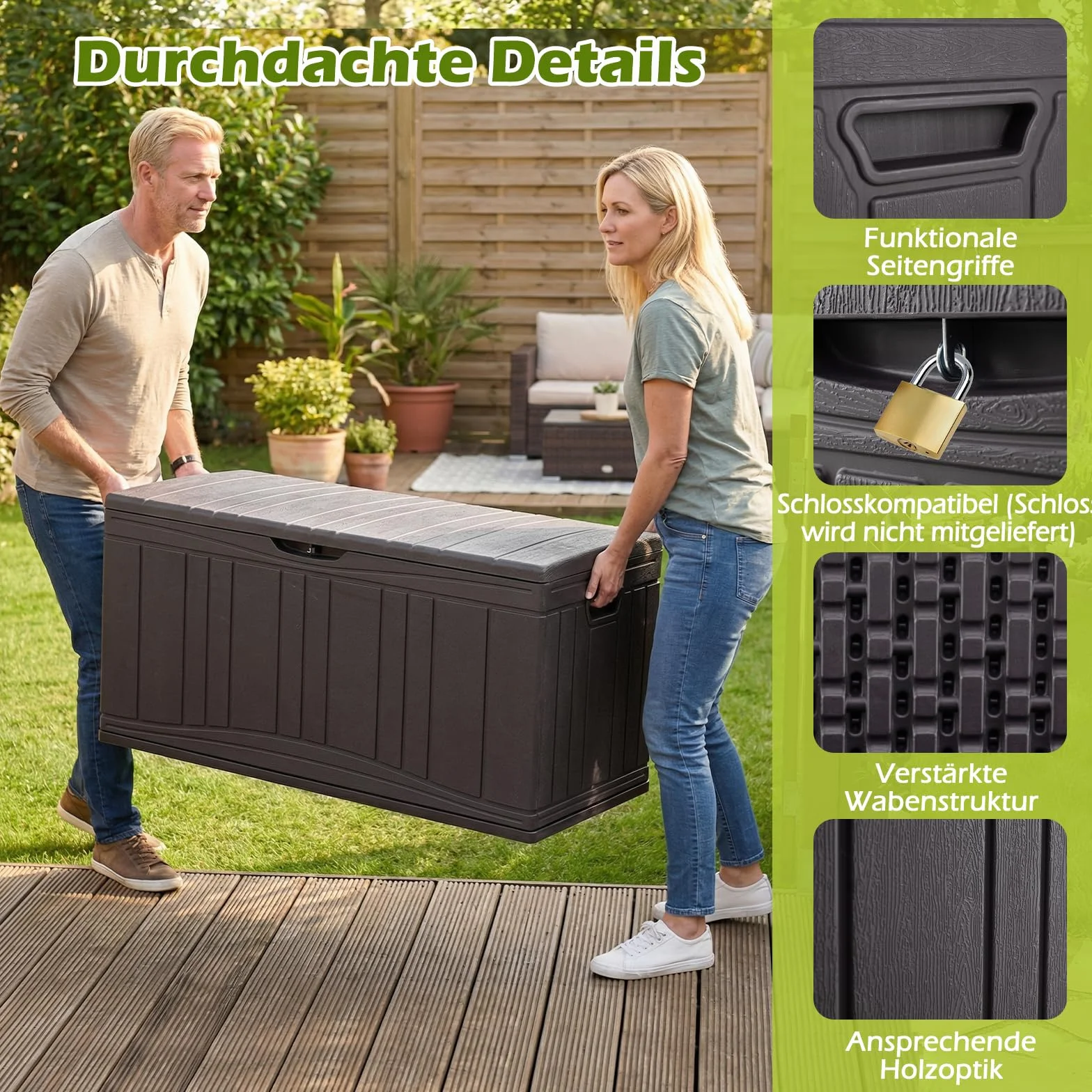 COSTWAY Gartenbox 300L, Auflagenbox mit abschließbarem Deckel & Gasdruckfedern, Aufbewahrungsbox wetterfest, Kissenbox Outdoor für Paketzustellung, Gartengeräte, Kissen & Poolzubehör (Braun)