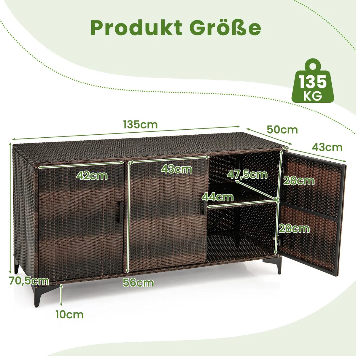 COSTWAY Gartenschrank Rattan, Terrassenschrank mit Türen & abnembaren Regalen, Balkonschrank, Outdoor Aufbewahrungsschrank für Garten, Terrasse, 135 x 50 x 70,5 cm (Braun)
