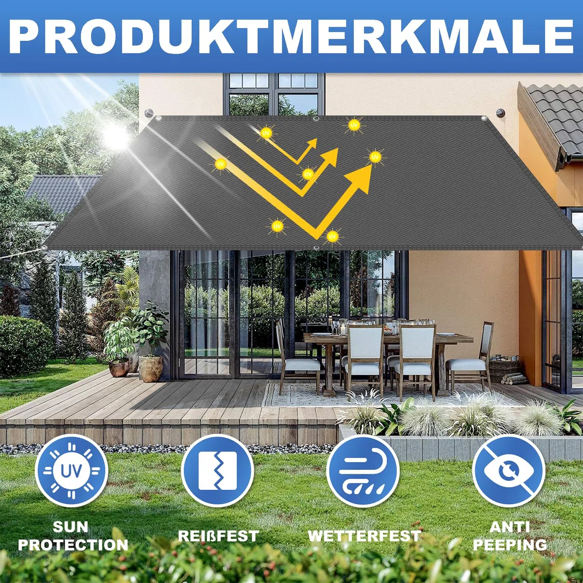 Sonnensegel Rechteckig Nach Maß Anfertigen mit ösen, Balkon-Sichtschutz Wasserdicht UV-Schutz, Länge 50-600 cm, Breite 100-600 cm, individuell anpassbar in 10 cm Schritten, für Balkon Terrasse