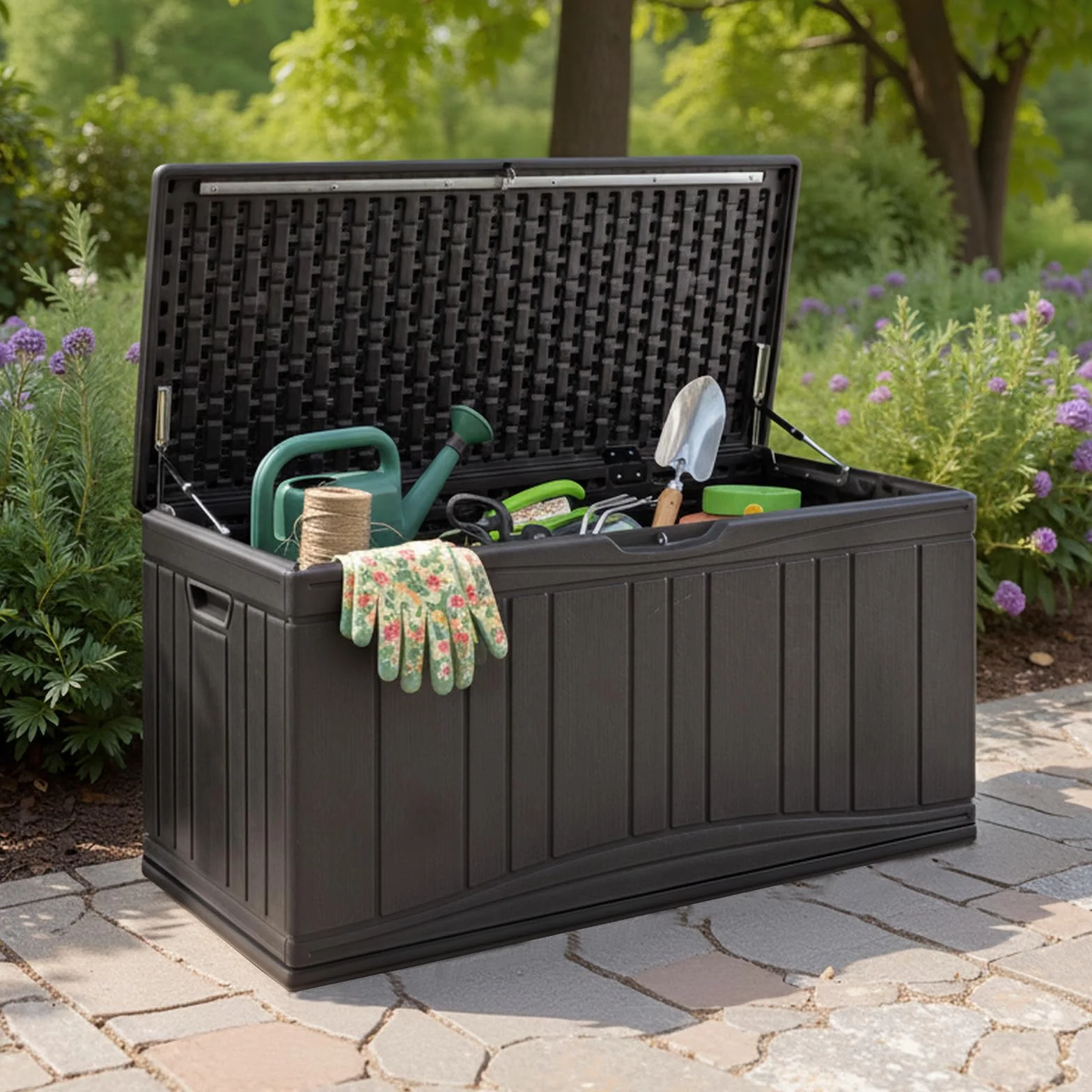 COSTWAY Gartenbox 300L, Auflagenbox mit abschließbarem Deckel & Gasdruckfedern, Aufbewahrungsbox wetterfest, Kissenbox Outdoor für Paketzustellung, Gartengeräte, Kissen & Poolzubehör (Braun)