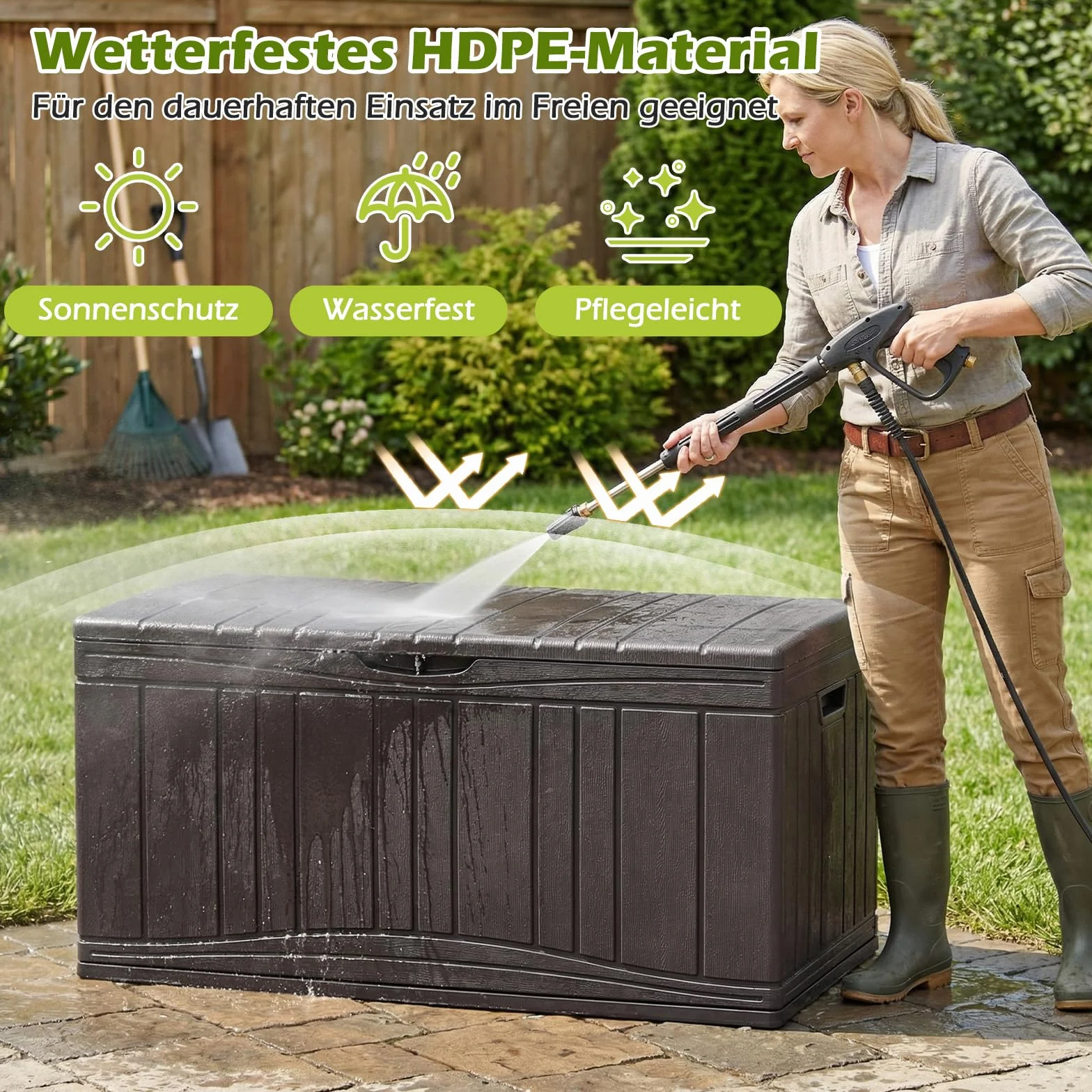 COSTWAY Gartenbox 300L, Auflagenbox mit abschließbarem Deckel & Gasdruckfedern, Aufbewahrungsbox wetterfest, Kissenbox Outdoor für Paketzustellung, Gartengeräte, Kissen & Poolzubehör (Braun)